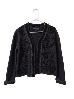 Herman Geist Womens Lambswool Cardigan Floral Embroidery Size L  Charcoal Gray